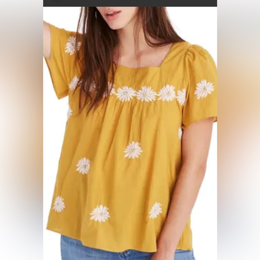 Madewell Mustard Yellow Embroidered Daisy Square-Neck Blouse